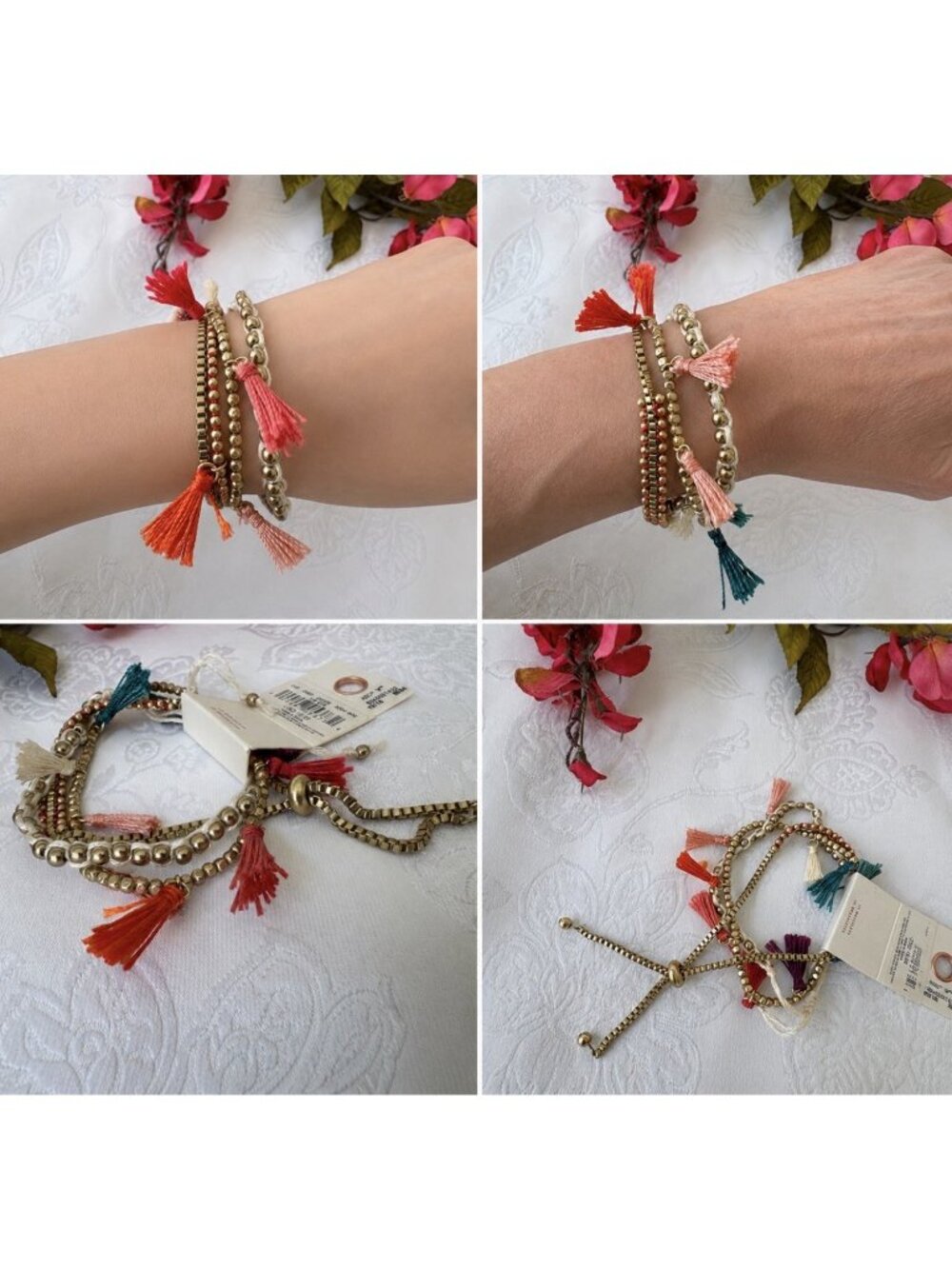 American Eagle Goldtone Cream Colorful Tassel Beads Bracelet Set 3 PC Stack NEW